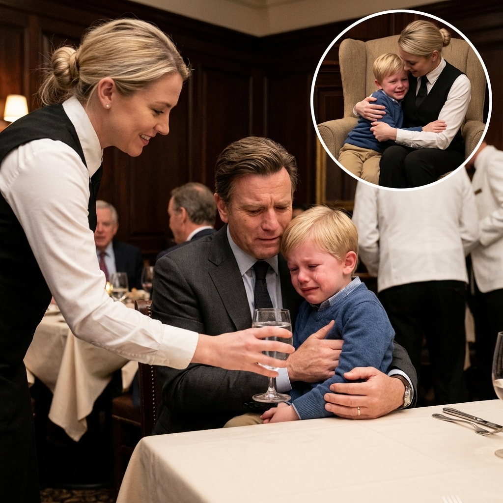 El hijo del millonario no paraba de llorar. Una mesera le susurró 5 palabras y él la abrazó como si fuera su mamá… 😭❤️