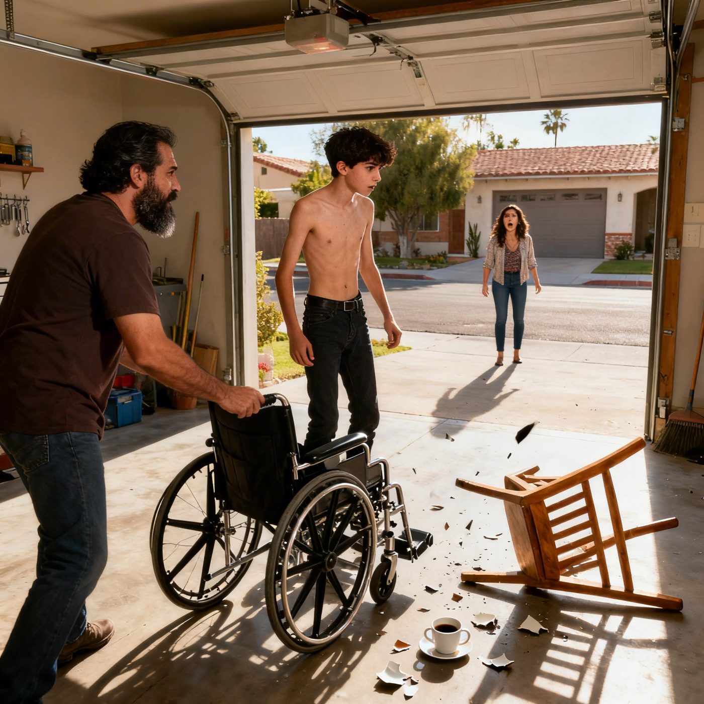 Mi esposa se fue de viaje con amigas, dejándome con nuestro hijo paralizado, que no ha caminado en seis años. En el momento en que su coche salió del camino de entrada, él se levantó y caminó hacia mí. Susurró: “Papá, necesitamos salir de esta casa ahora…” Dejé caer mi café y corrí al garaje. Al encender el coche, escuchamos….