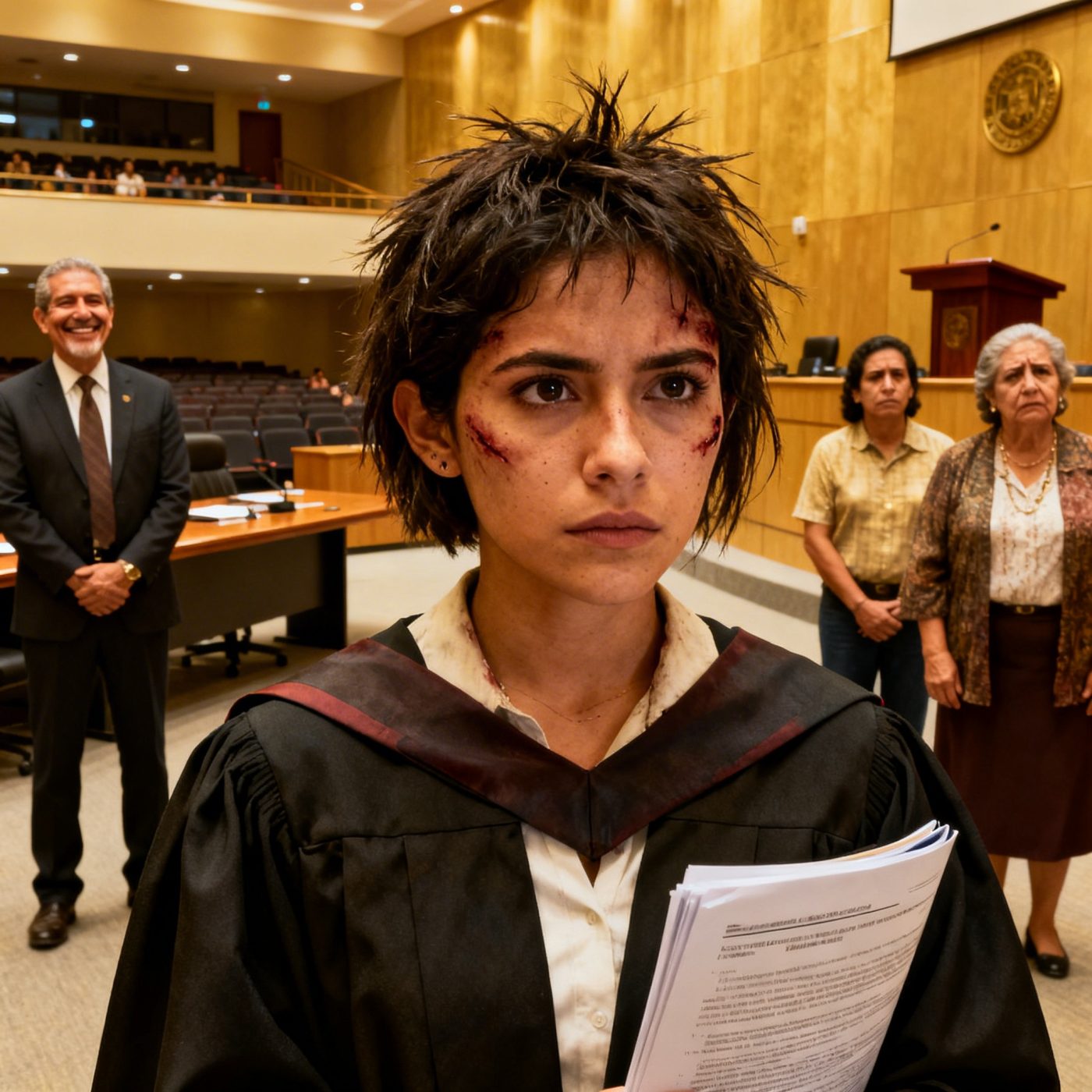 La noche antes de defender mi doctorado, mi esposo me inmovilizó mientras su madre me cortaba el pelo a trasquilones, alegando que las mujeres no pertenecían a la academia. Esperaban que me escondiera. No lo hice. Entré a esa sala de conferencias—y cuando mi padre se puso de pie en la primera fila, su mundo entero se hizo pedazos.