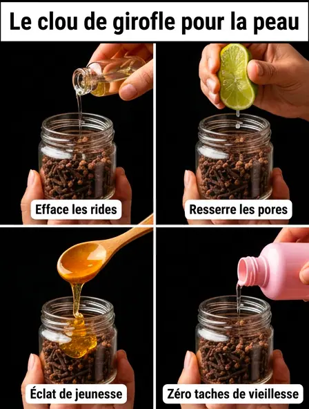 Benefici dei chiodi di garofano per la pelle: olio di chiodi di garofano, gel di chiodi di garofano e cubetti di ghiaccio ai chiodi di garofano.